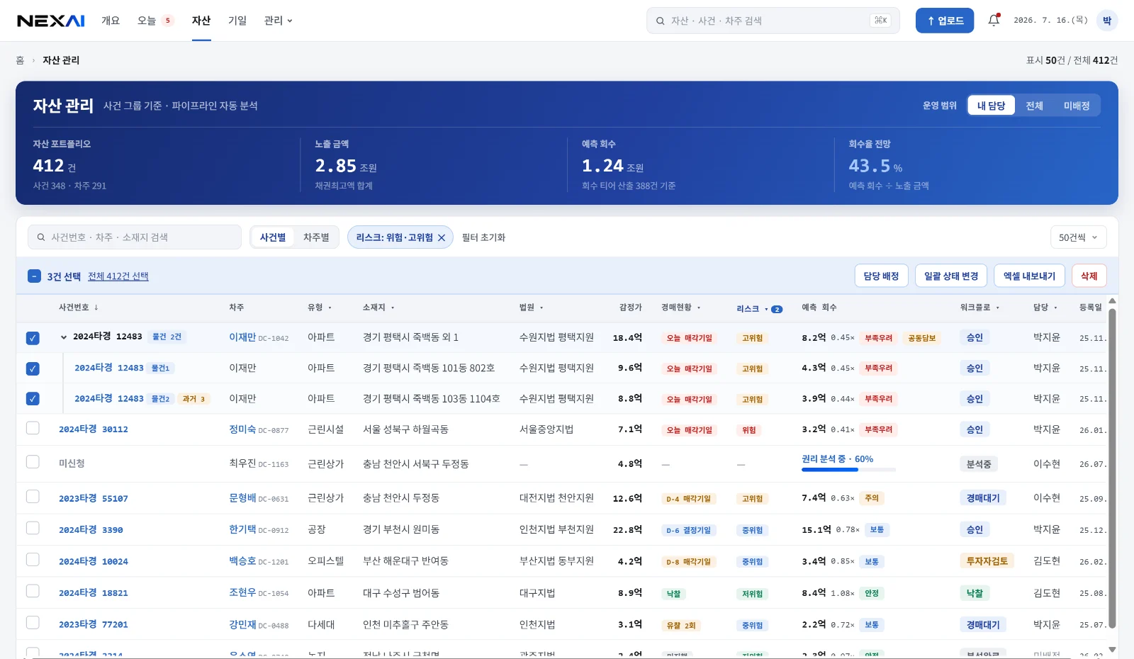 자산 목록 화면. 물건 그룹 레일과 감정가 우측 정렬, 진행 상태 필터 칩이 보입니다. 샘플 데이터.