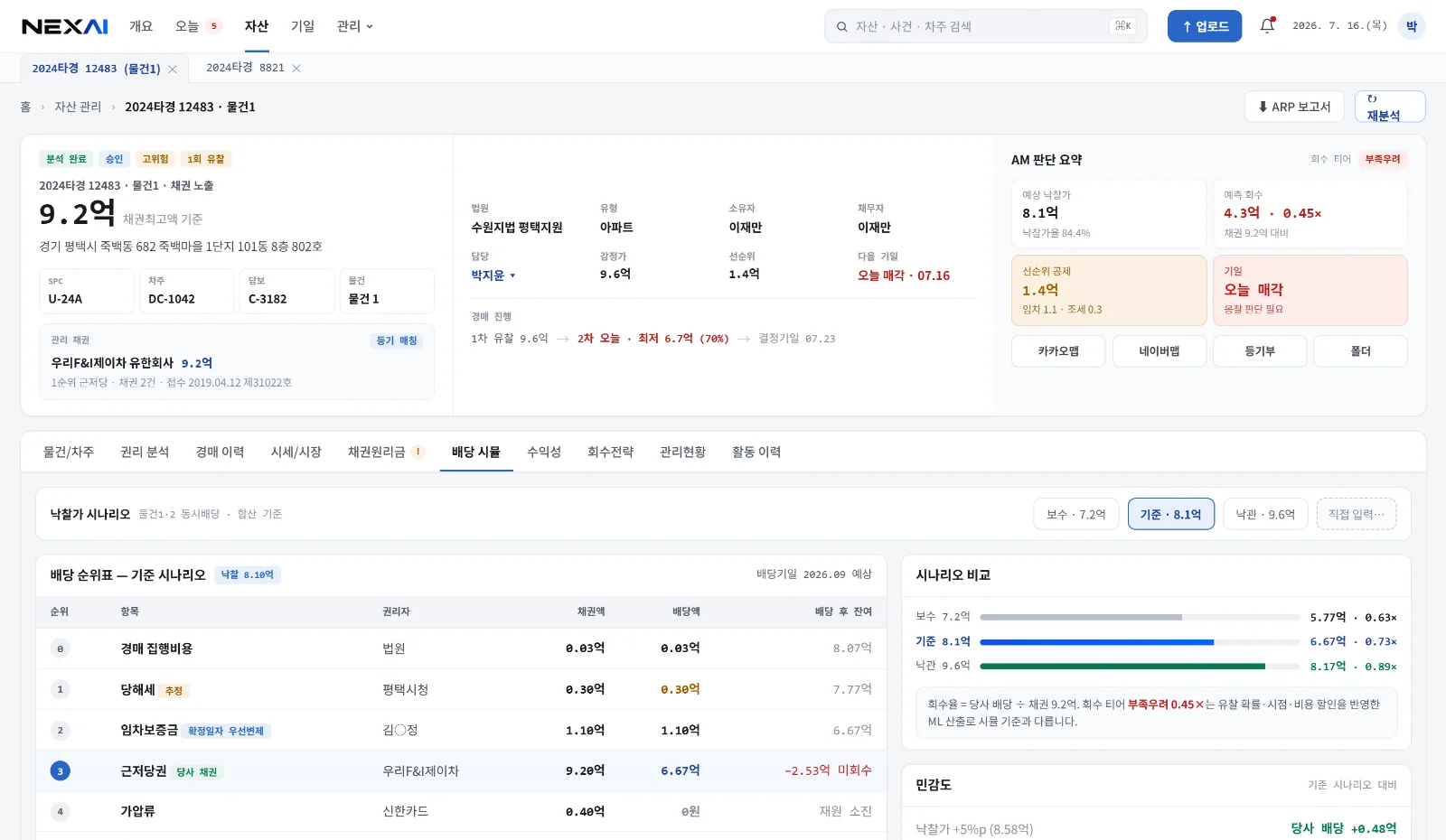 배당 시뮬 탭. 배당 가정과 순위별 배당액, 집행비용과 잔여 재원이 단계별로 표시됩니다. 샘플 데이터.