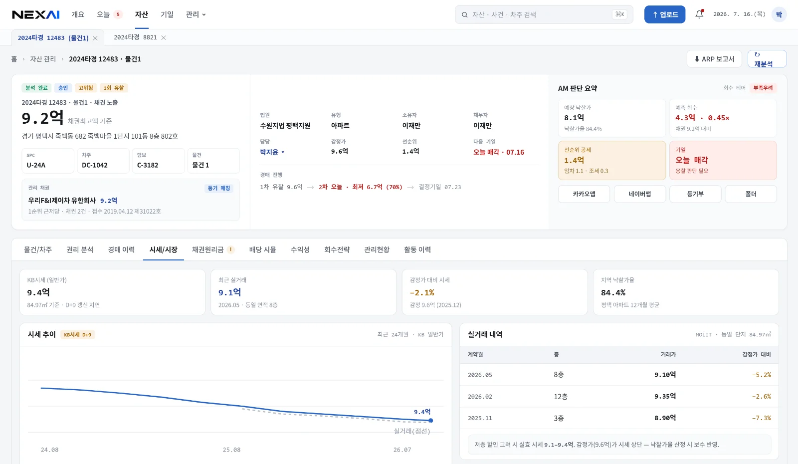 시세·시장 탭. 외부 시세와 기준 시점이 출처와 함께 표시됩니다. 샘플 데이터.